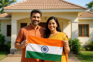 インド国旗を手に持つインド人夫婦のポートレート