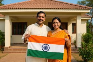 家の前でインド国旗を掲げる笑顔のインド人夫婦