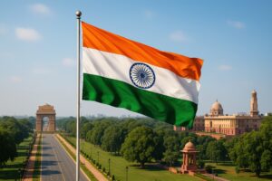 インド門と官庁街を背景に掲げられたインド国旗