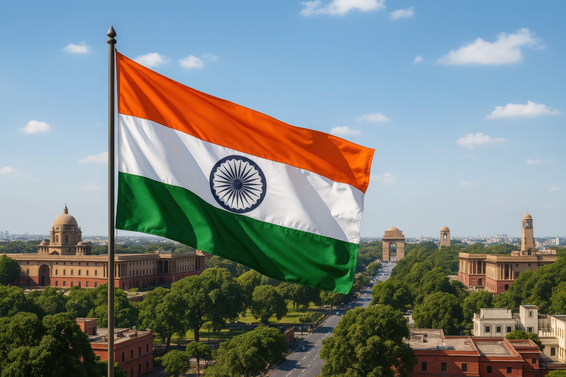 ニューデリーの空にたなびくインド国旗と政府機関
