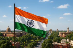 ニューデリーの空にたなびくインド国旗と政府機関