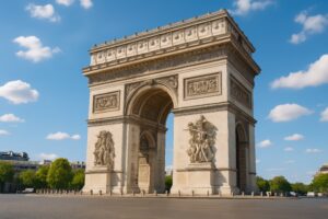 青空の下で堂々と建つ凱旋門の全景