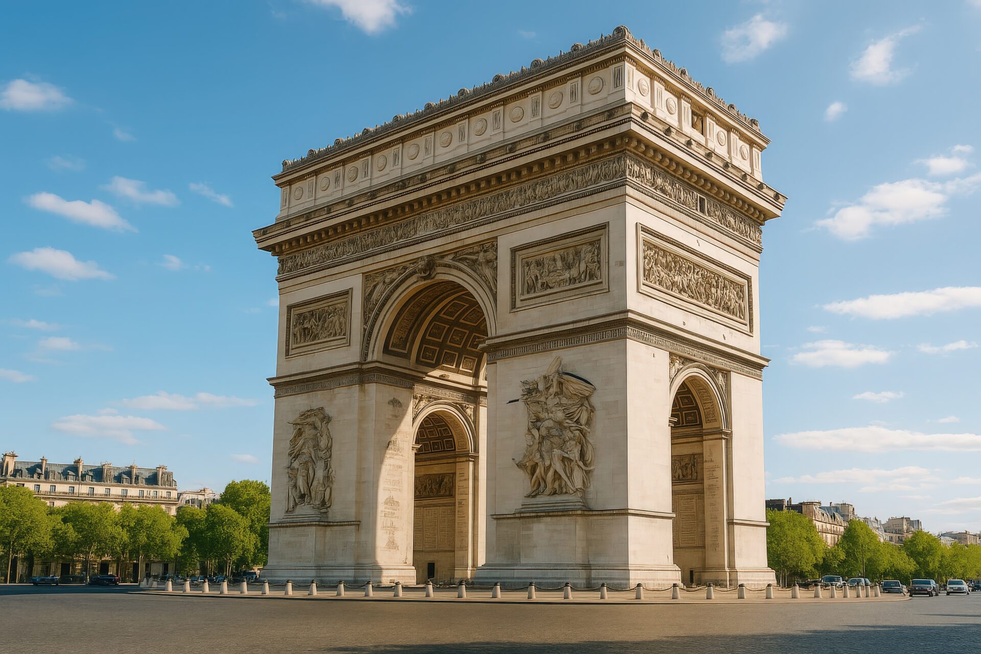 広場にそびえる凱旋門と並木道の街並み