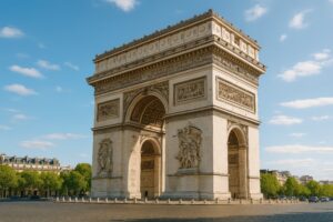 広場にそびえる凱旋門と並木道の街並み