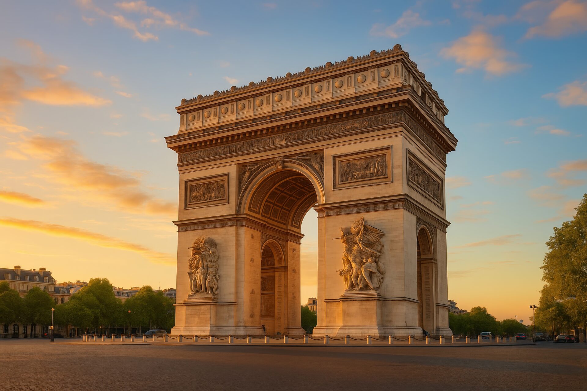 黄昏の光に染まるパリの凱旋門