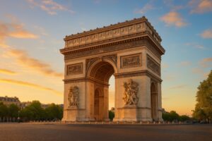 黄昏の光に染まるパリの凱旋門