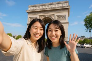 凱旋門を背景にセルフィーを撮る若い女性二人