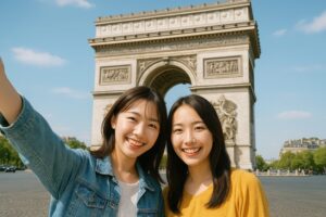 パリ観光で凱旋門前に立つ笑顔の若い女性二人