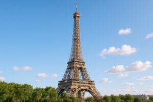 快晴の空にそびえるエッフェル塔の全景