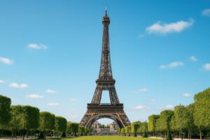 公園越しに見えるエッフェル塔と青空