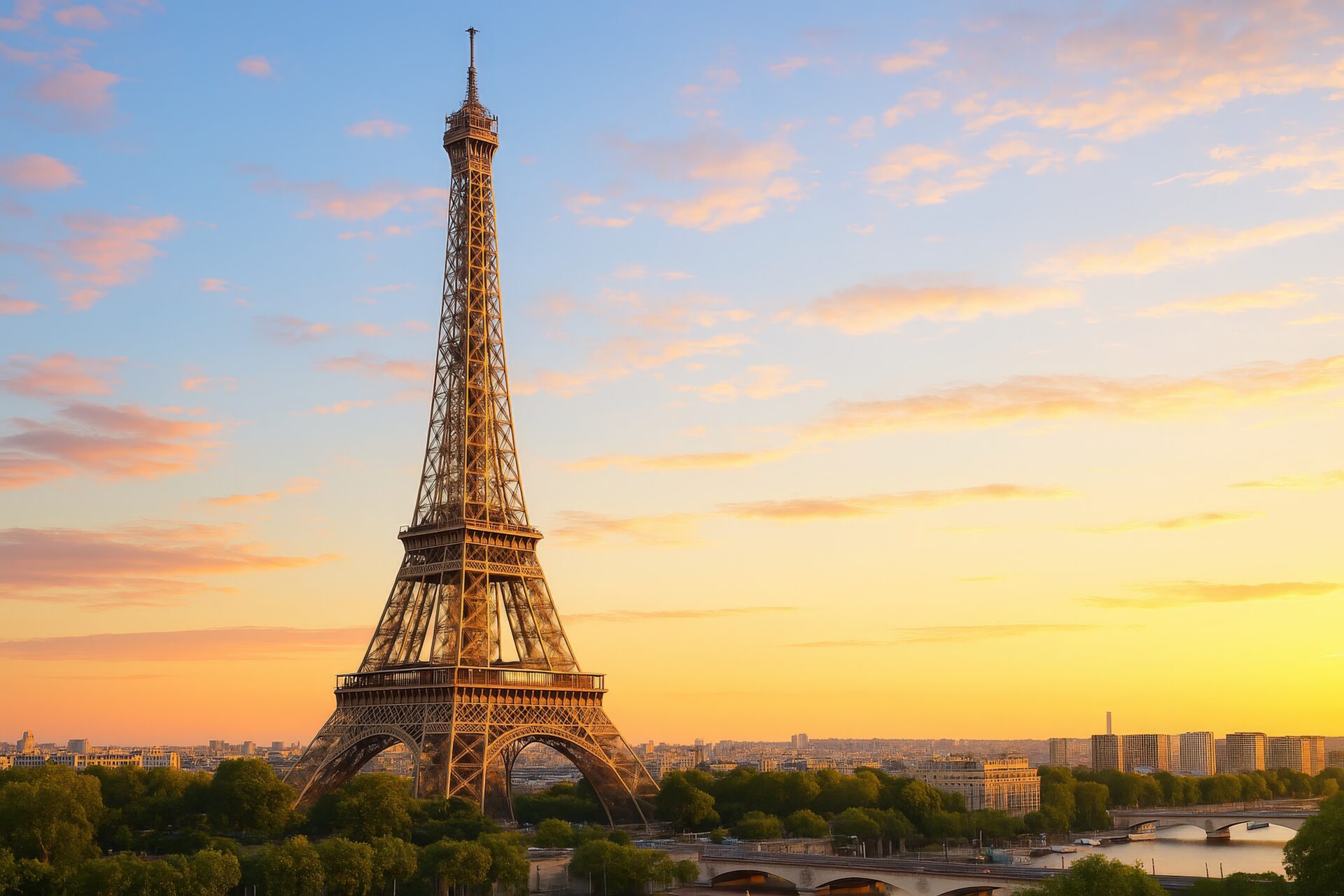 夕日に照らされるセーヌ川とエッフェル塔
