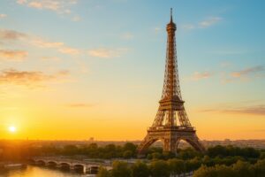 夕暮れのパリに立つエッフェル塔とセーヌ川