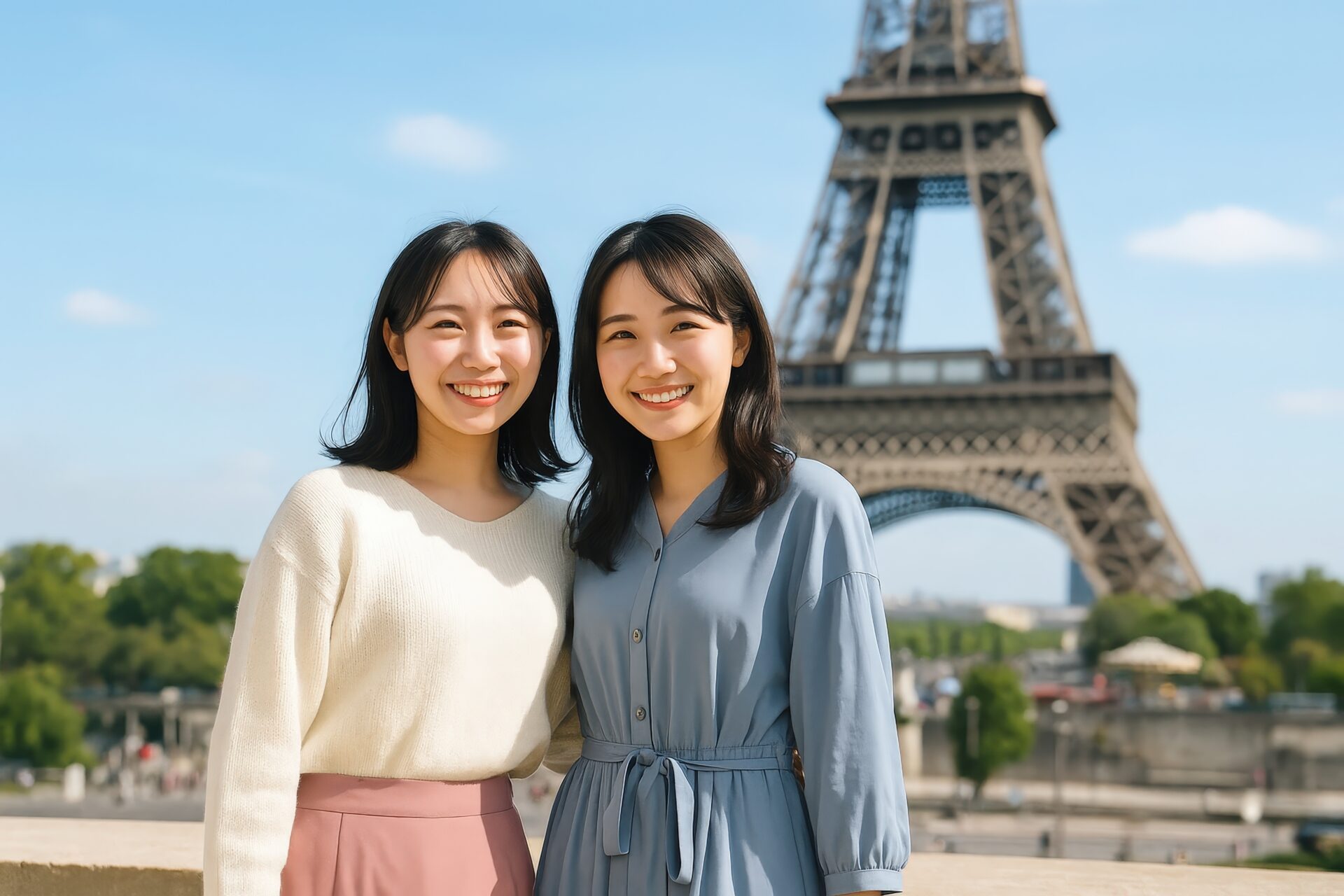 エッフェル塔を背景に笑顔で並ぶ若い女性二人
