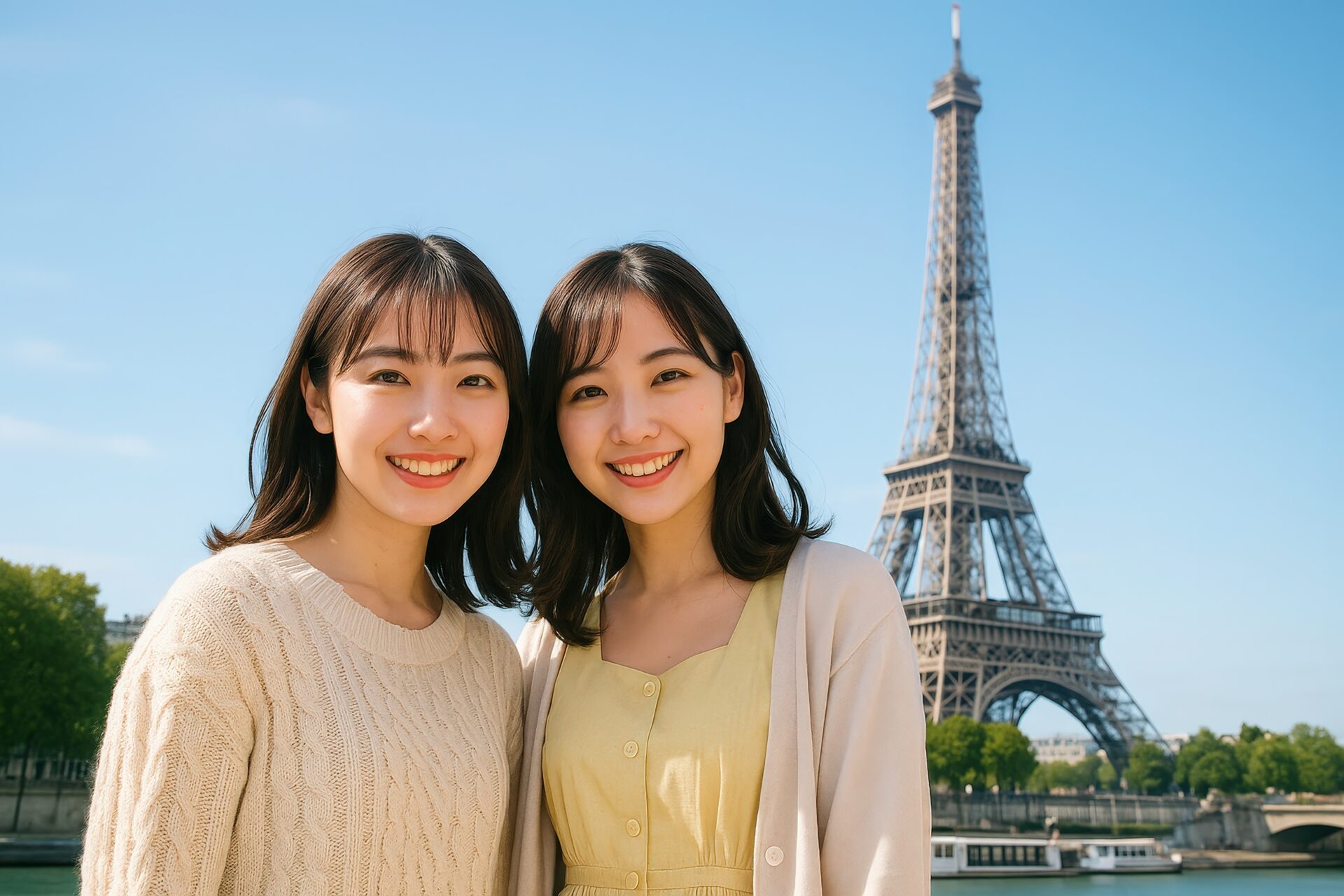 エッフェル塔前で記念撮影をする若い女性二人