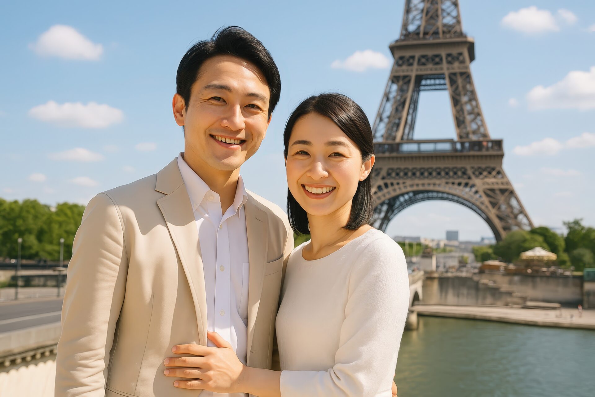 エッフェル塔を背に微笑む若い日本人カップル