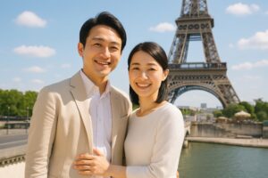 エッフェル塔を背に微笑む若い日本人カップル