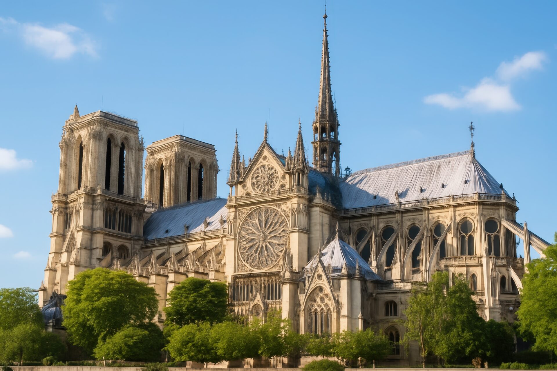 青空の下で堂々とそびえるノートルダム大聖堂
