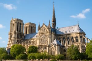 青空の下で堂々とそびえるノートルダム大聖堂