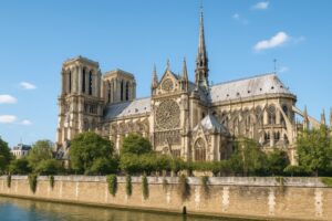 セーヌ川沿いに建つノートルダム大聖堂の全景