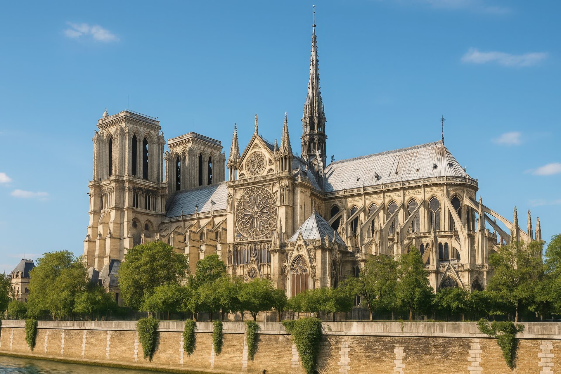 木々に囲まれたノートルダム大聖堂の美しい外観