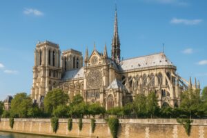 木々に囲まれたノートルダム大聖堂の美しい外観