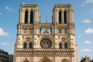 正面から見たノートルダム大聖堂の双塔とバラ窓