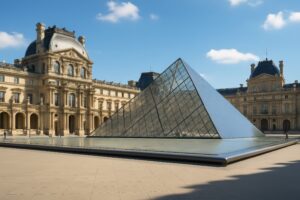 ガラスのピラミッドが印象的なルーブル美術館中庭