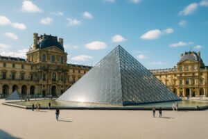 青空の下に広がるルーブル美術館と観光客の風景