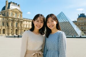 ルーブル美術館のピラミッド前で微笑む若い女性二人