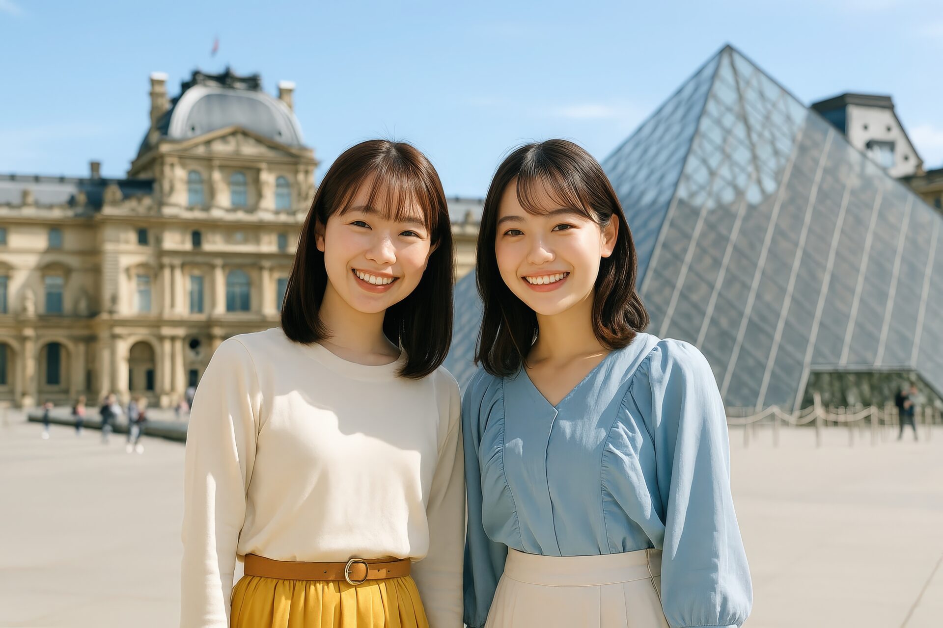 ルーブル美術館を背景に並ぶ若い女性二人の記念写真