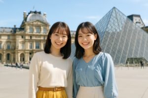 ルーブル美術館を背景に並ぶ若い女性二人の記念写真