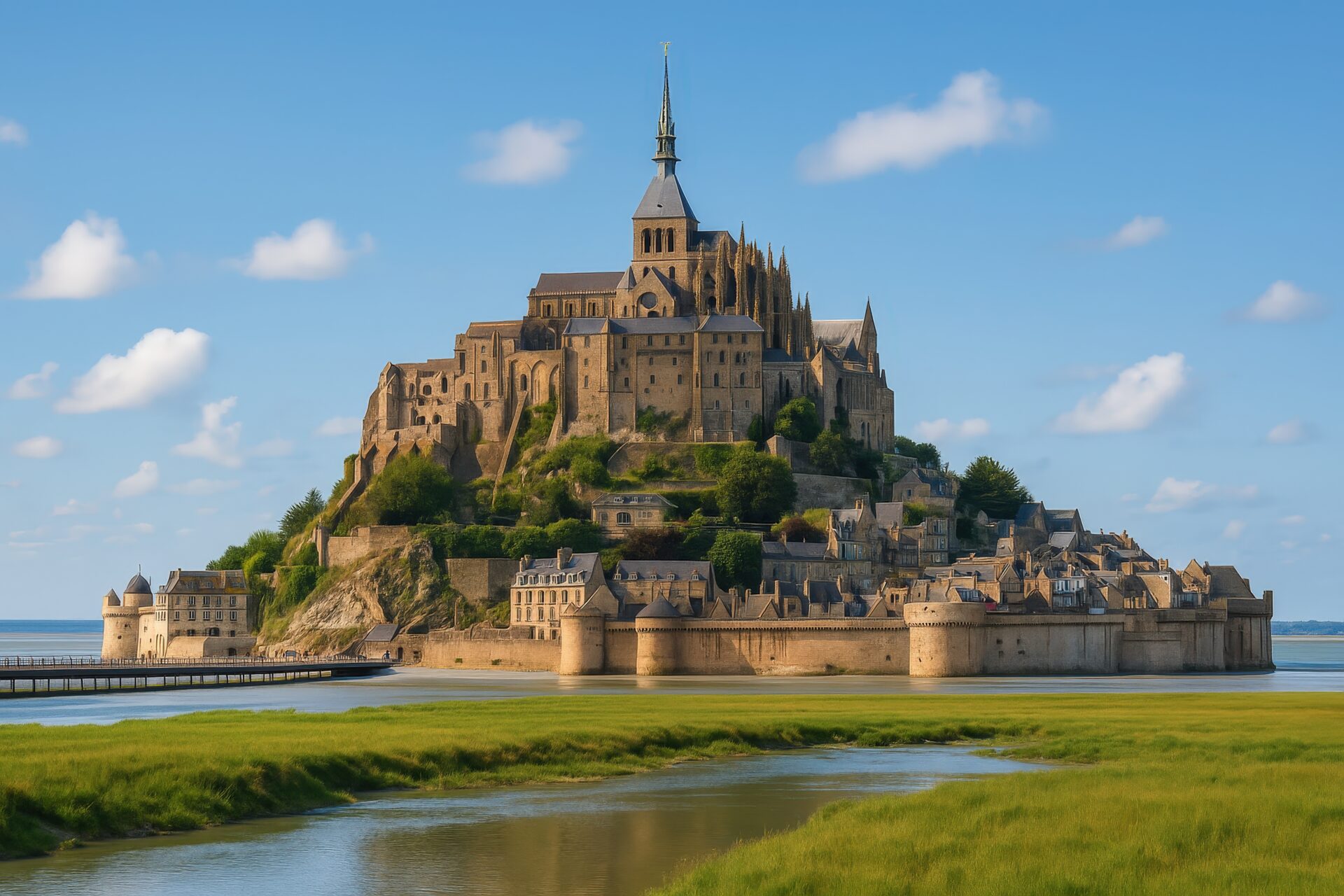 青空の下にそびえるモン・サン＝ミシェルの全景