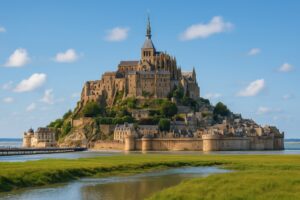 青空の下にそびえるモン・サン＝ミシェルの全景
