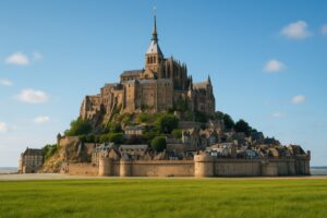 緑の草原越しに望むモン・サン＝ミシェルの風景