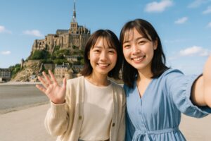 モン・サン＝ミシェルを背景に自撮りする若い女性二人