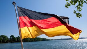 ドイツの国旗と川の風景