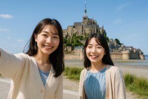モン・サン＝ミシェル前で笑顔を見せる若い女性二人