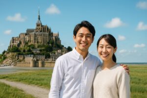 モン・サン＝ミシェル前で寄り添う日本人カップル