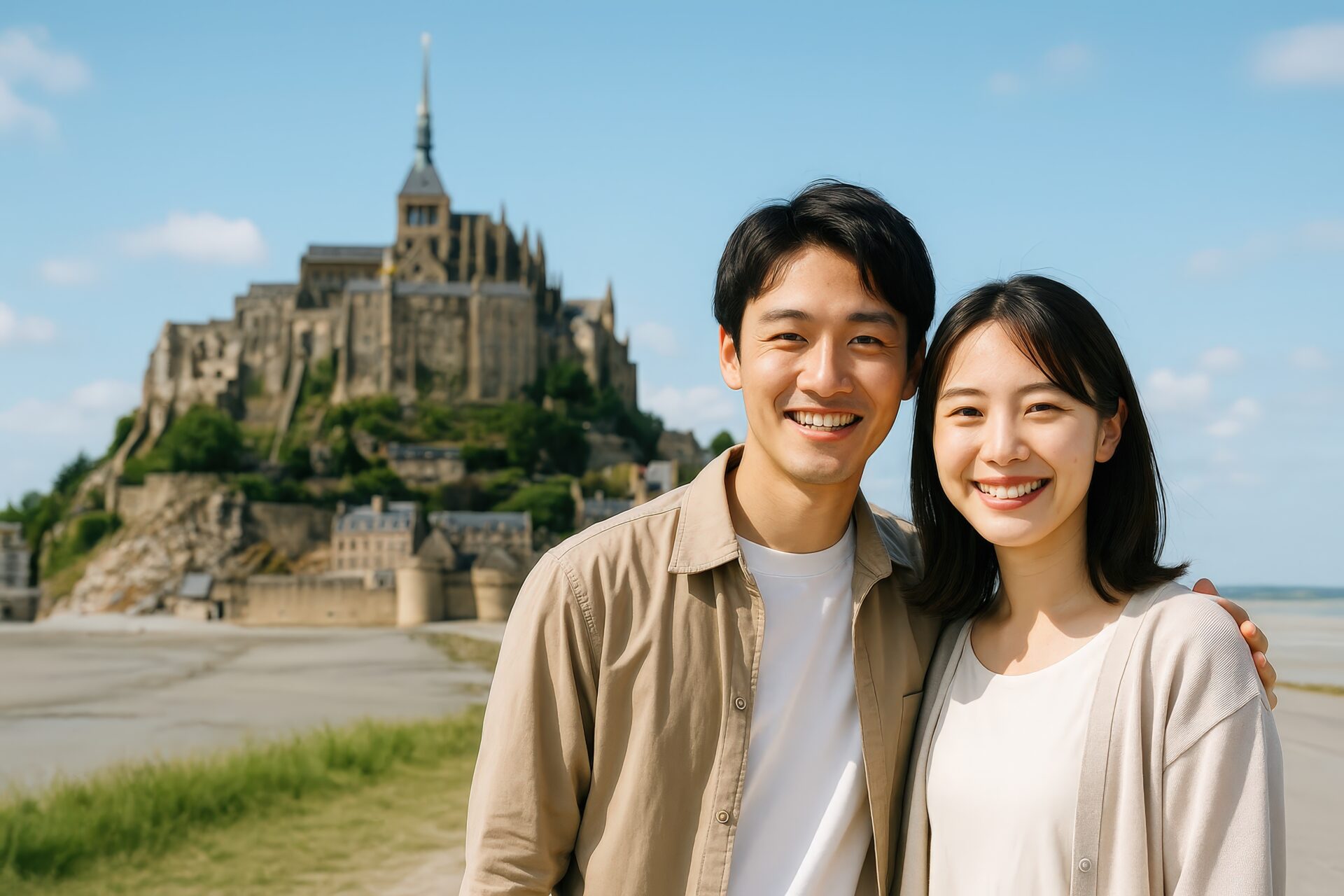 笑顔の日本人カップルとモン・サン=ミシェルの風景