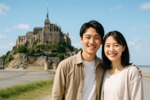 笑顔の日本人カップルとモン・サン＝ミシェルの風景