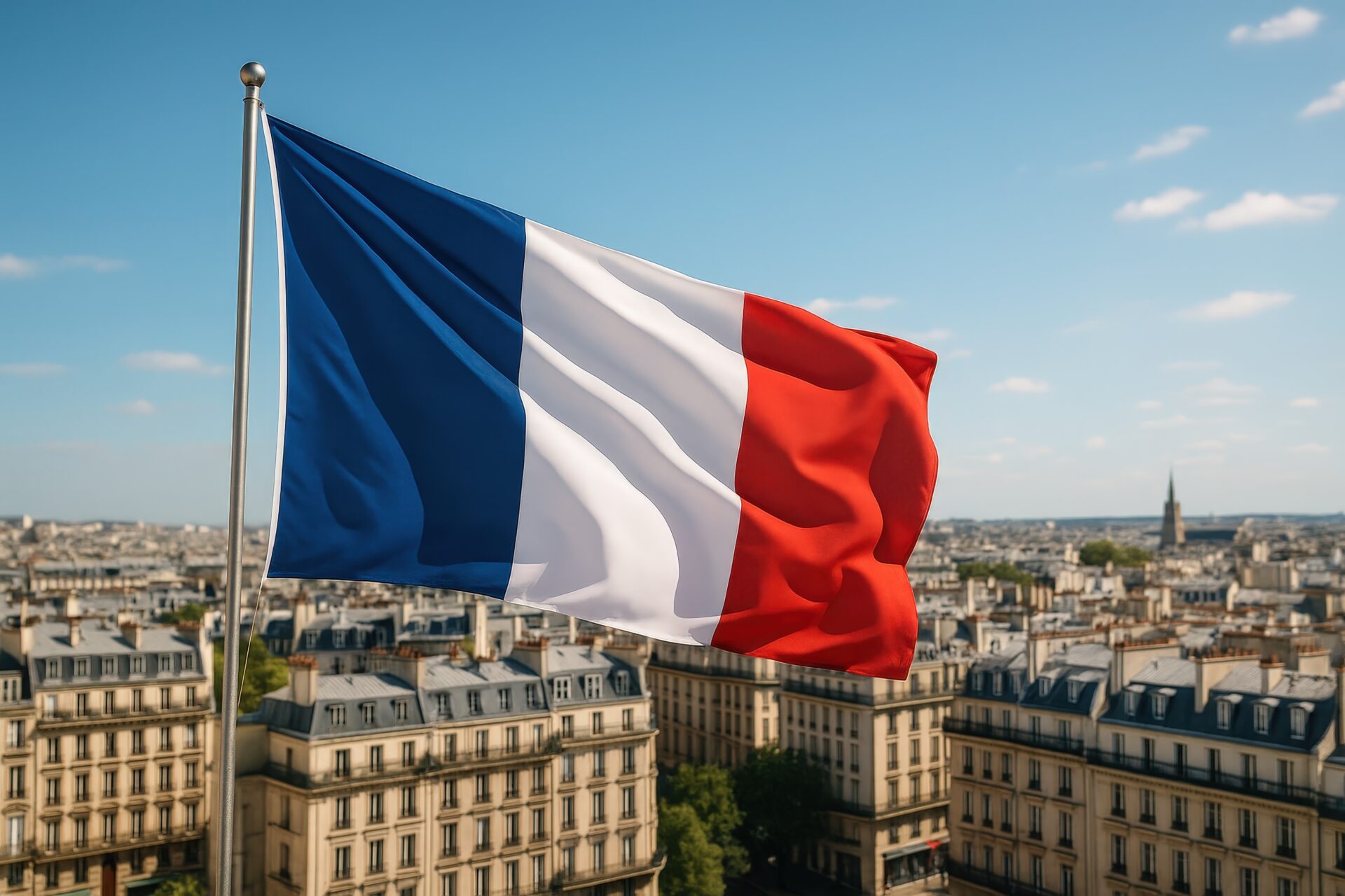 青空とパリの屋根を背景に揺れるフランス国旗