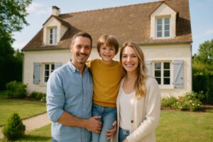 戸建て住宅の前で笑顔を見せるフランス人家族