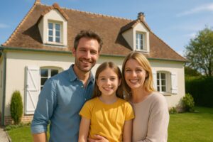 フランスの一軒家の前で並ぶ親子三人の笑顔