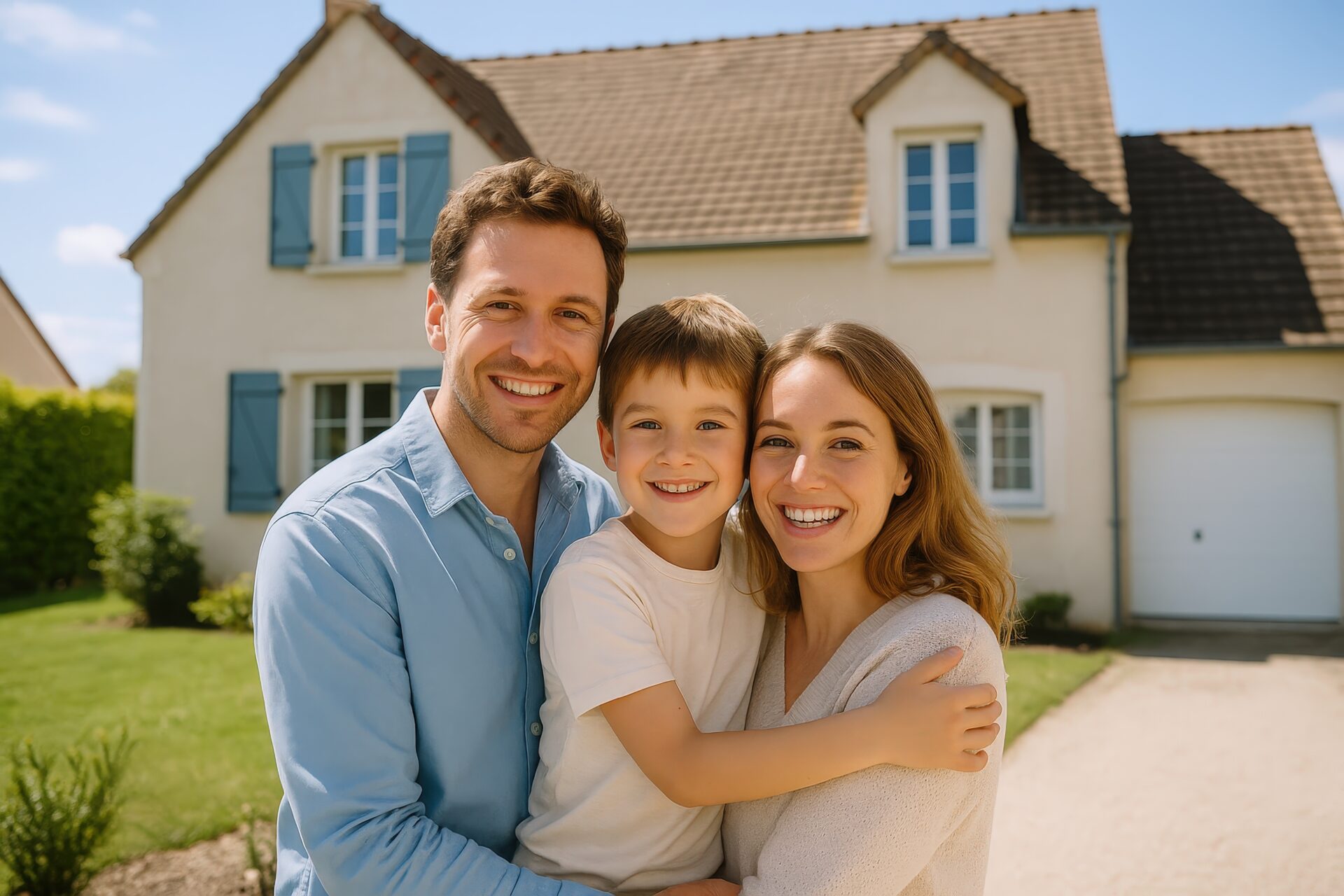 マイホームの前で抱き合うフランス人家族