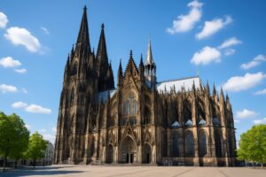木々と青空に囲まれたケルン大聖堂の壮麗な外観