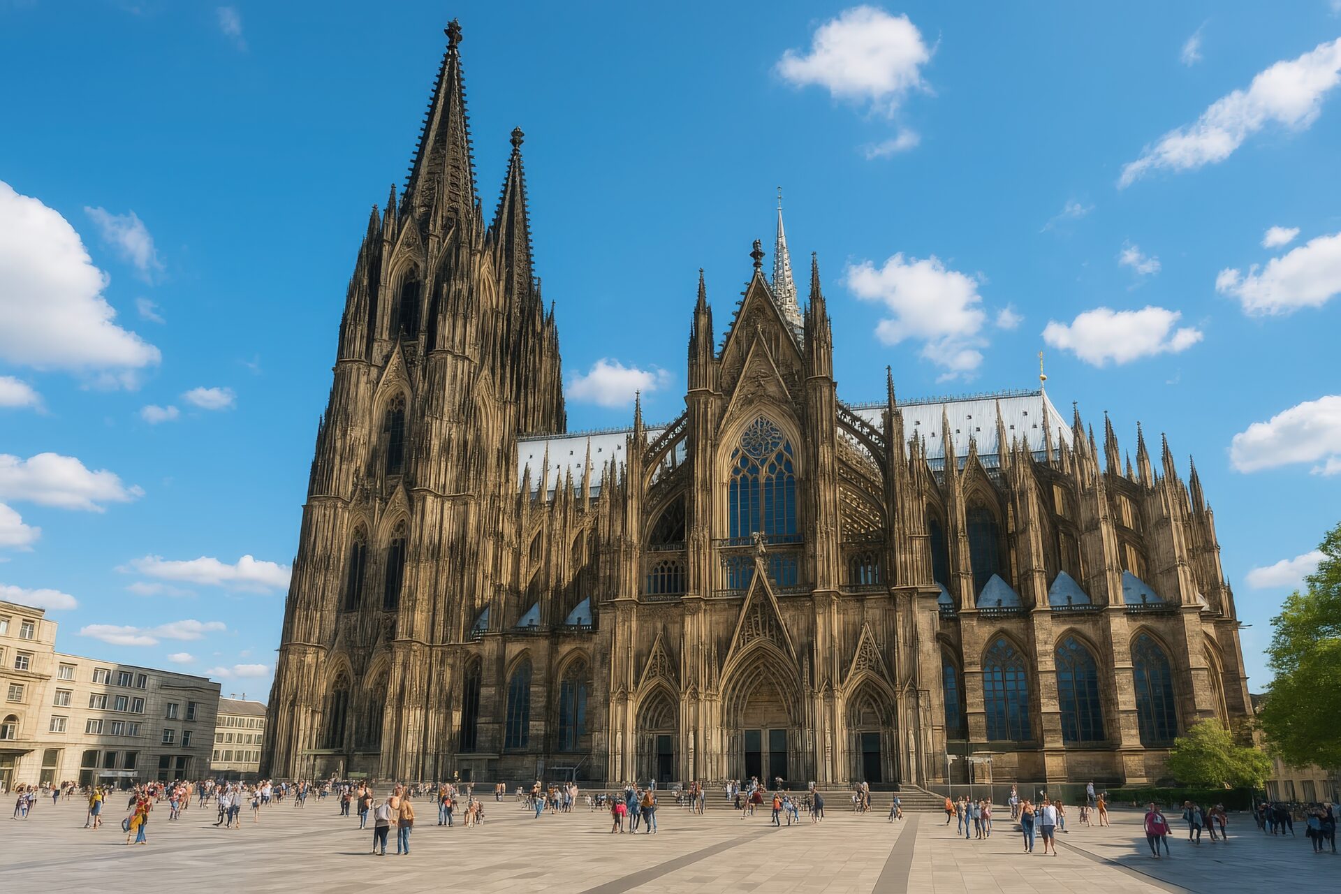 広場に集まる観光客とケルン大聖堂の風景