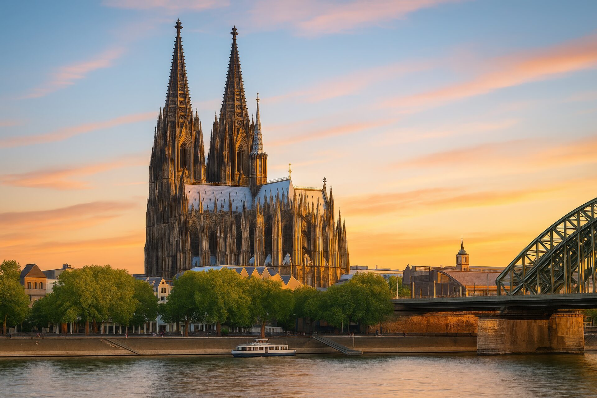 夕焼けに染まるライン川とケルン大聖堂の遠景