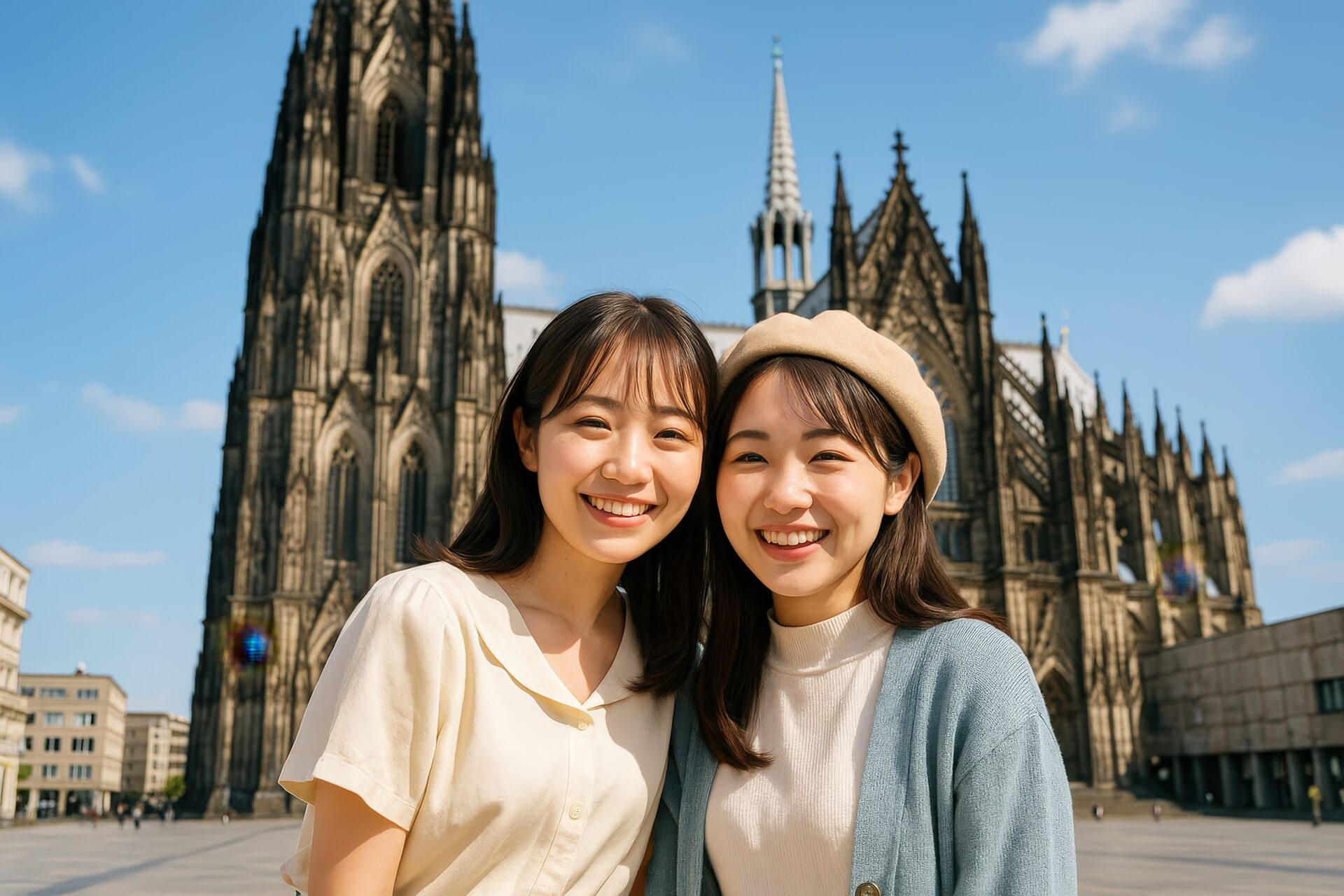 ケルン大聖堂前で笑顔を見せる若い日本人女性二人