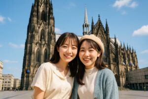 ケルン大聖堂前で笑顔を見せる若い日本人女性二人