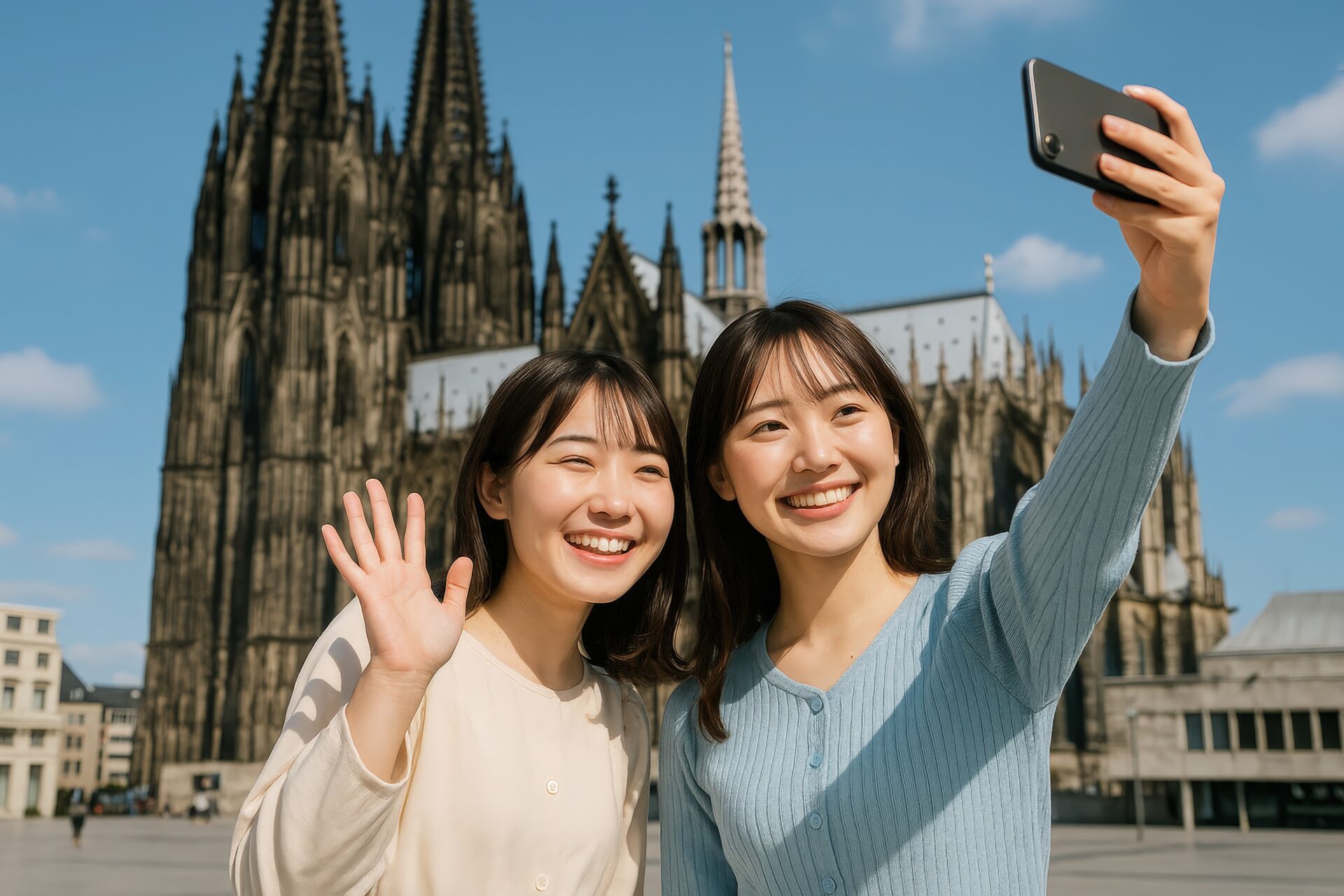 ケルン大聖堂を背景に自撮りを楽しむ日本人女性二人